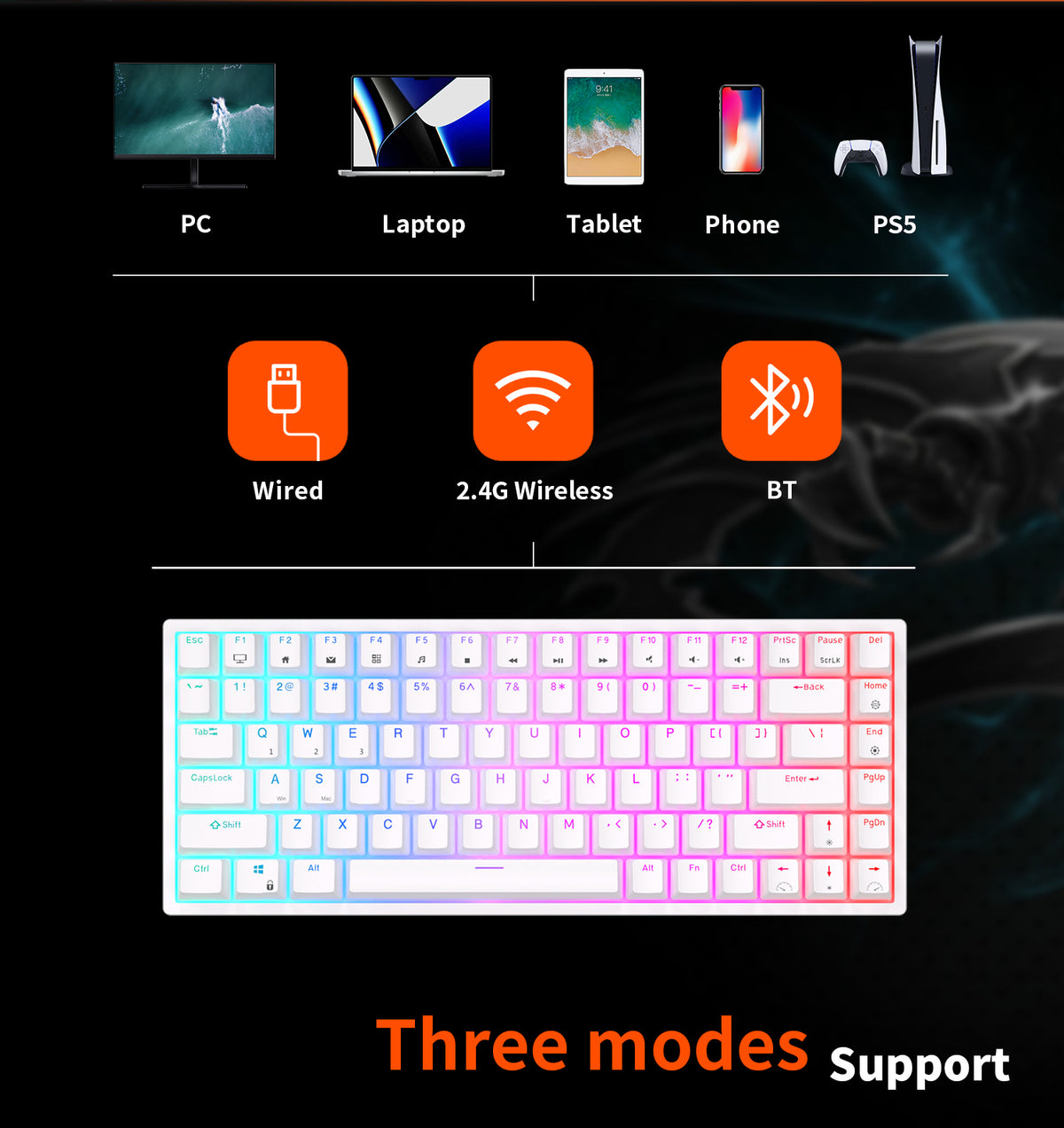 ROYAL KLUDGE RK84 Wireless Hot Swap Black 65% Mechanical Keyboard, Brown Switch – product photo 2