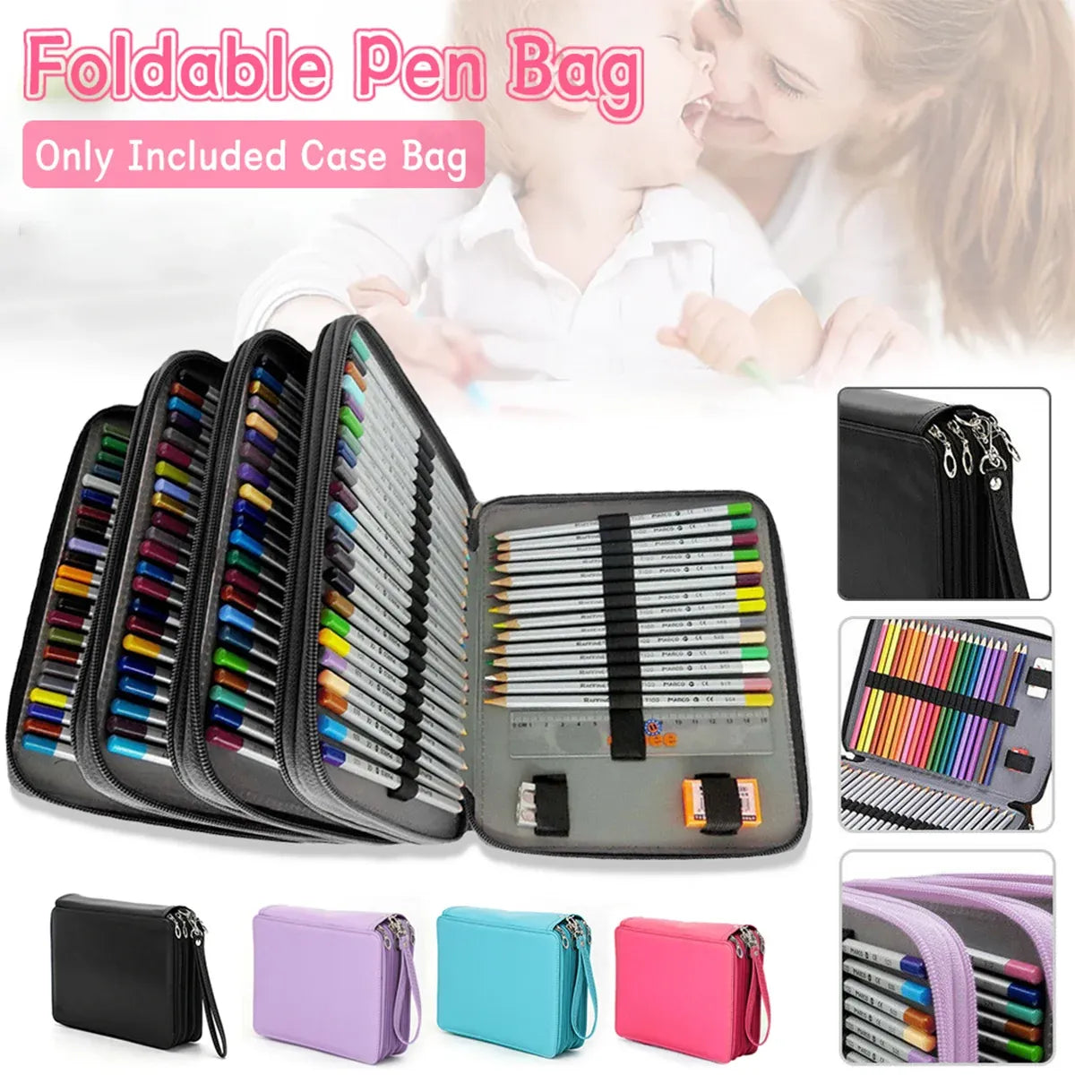 168 Slots Large Capacity Pencil Case Foldable Pen Bag Make Up Storage Organizer - Purple
