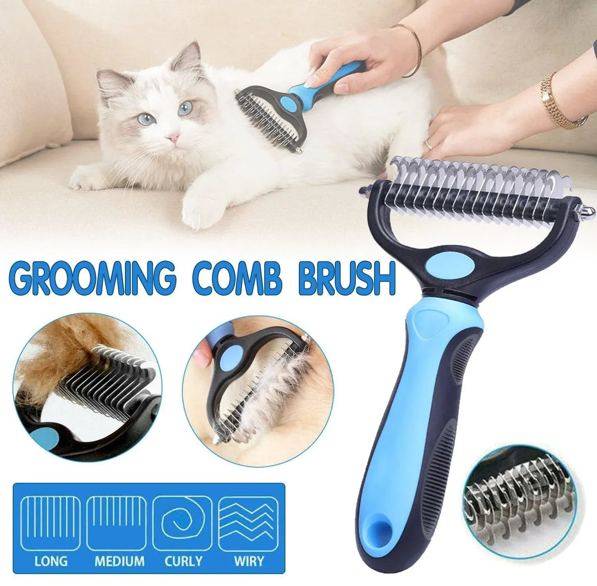 Dual-Sided Pet Dematting & Deshedding Rake - Blue & Black, 17.2 cm