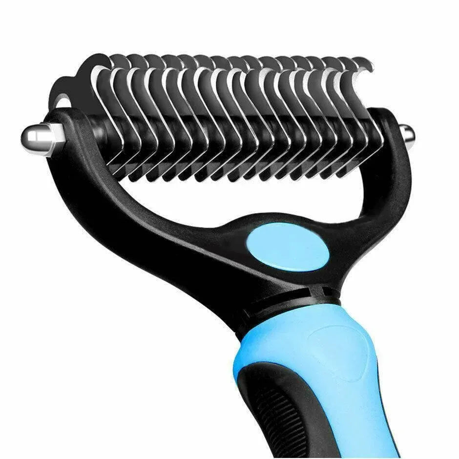 Dual-Sided Pet Dematting & Deshedding Rake - Blue & Black, 17.2 cm