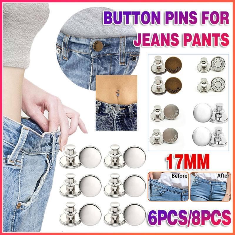 8X Button Pins For Jeans Pants No Sew Instant Adjustable Jean Button Replacement - 6sets Silver Button Pins
