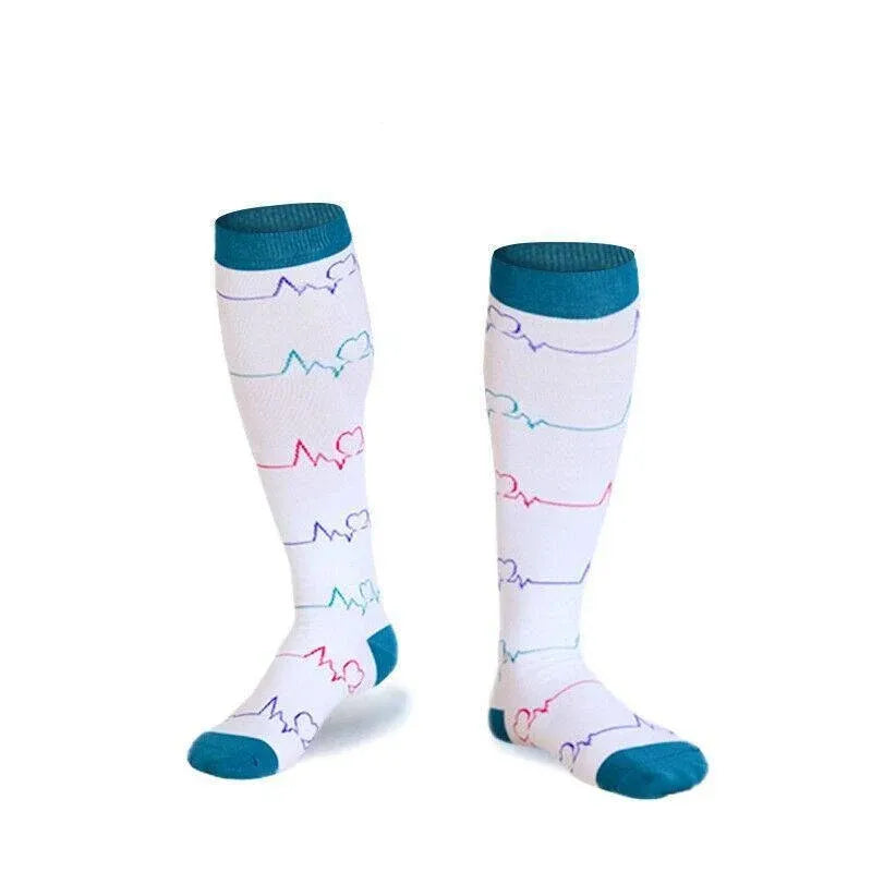S/M Compression Socks – White ECG Pattern, 20–30mmHg