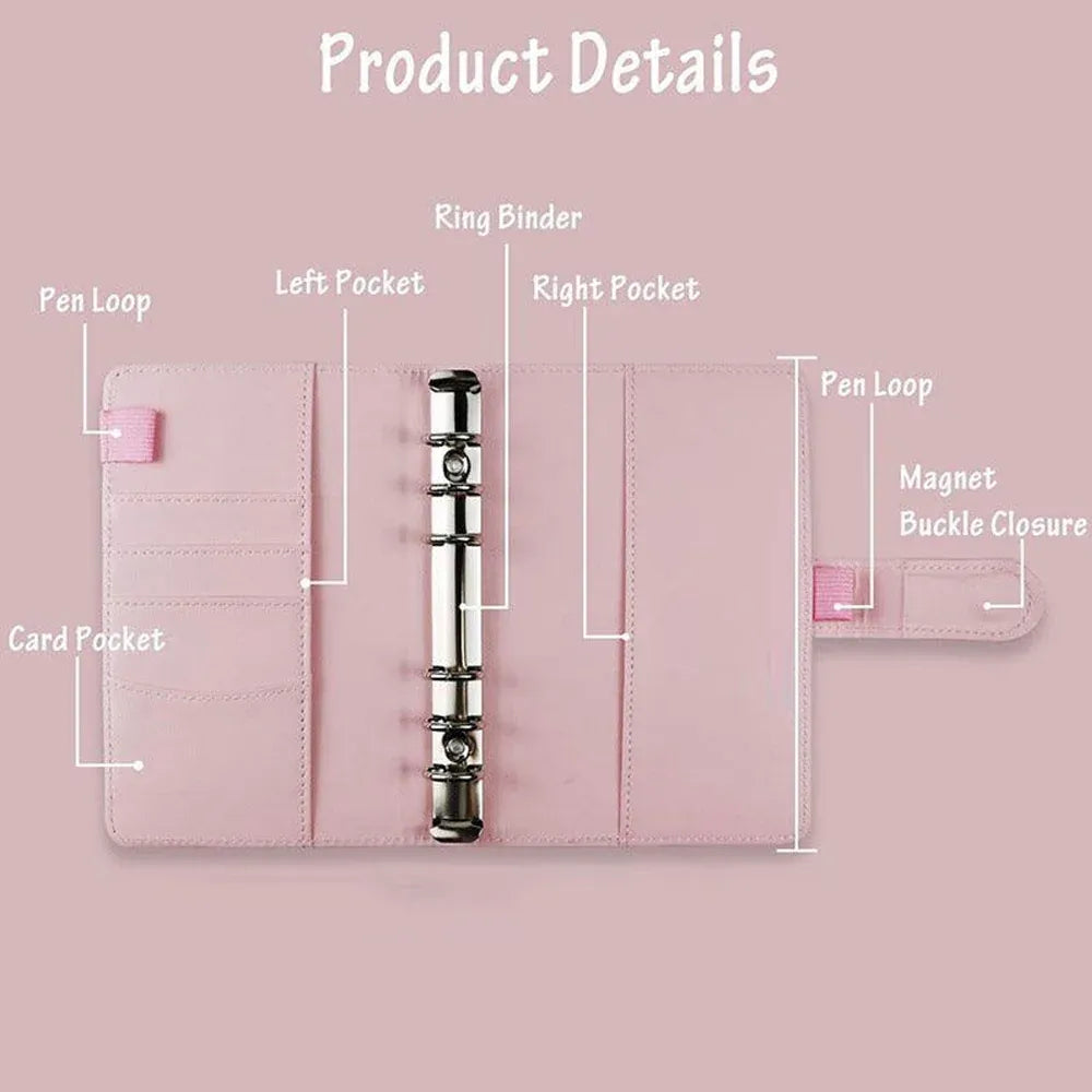 A6 Pu Leather Binder Pockets Cash Envelope Planner Notebooks - Pink+White — product photo 4