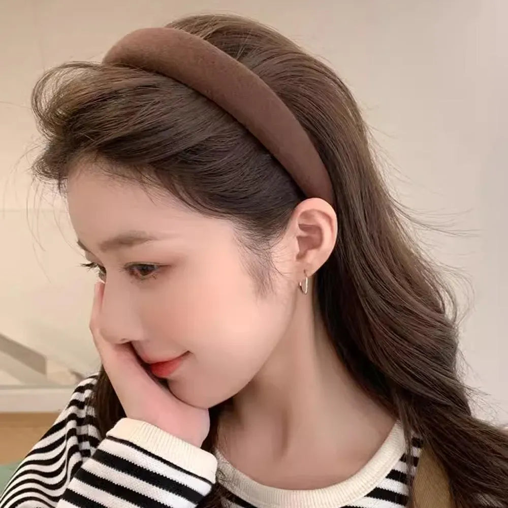 Ladies Headband Padded Hairband Wide Sponge Hair Hoop Solid Colour Accessories - Light Coffee