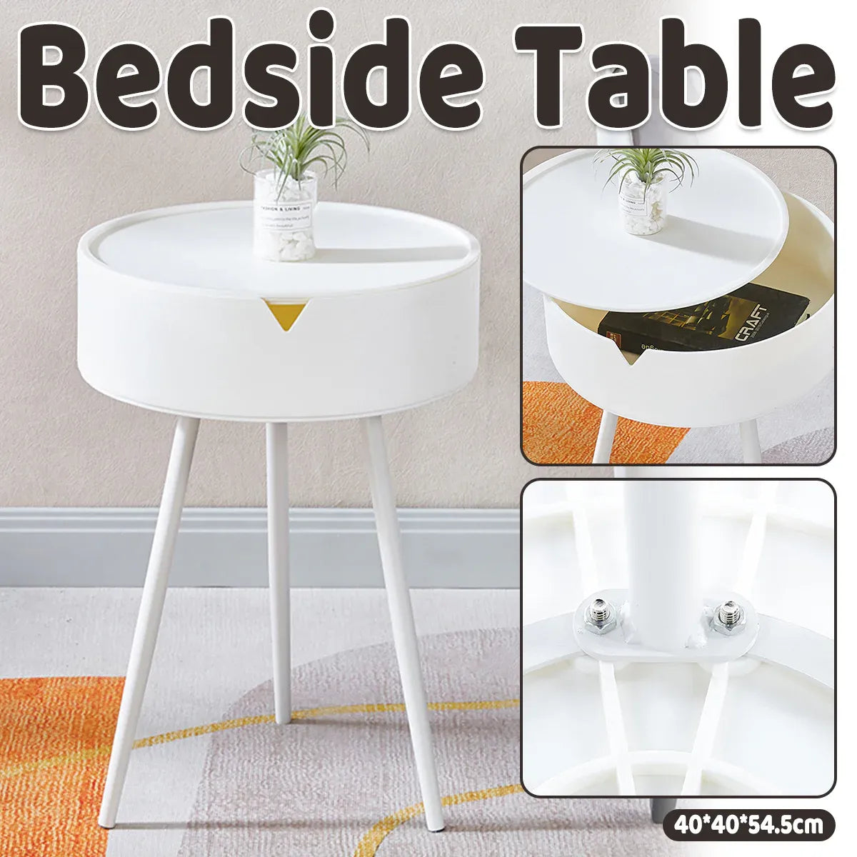 Modern Round Bedside Table with Storage White Small Coffee Side Table 40cm