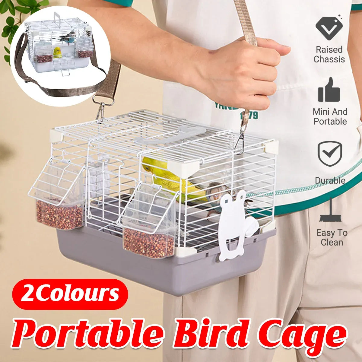 Grey Portable Wire Bird Travel Carrier with Strap & Perch – 27 × 20 × 20 cm – product image 2 of 13