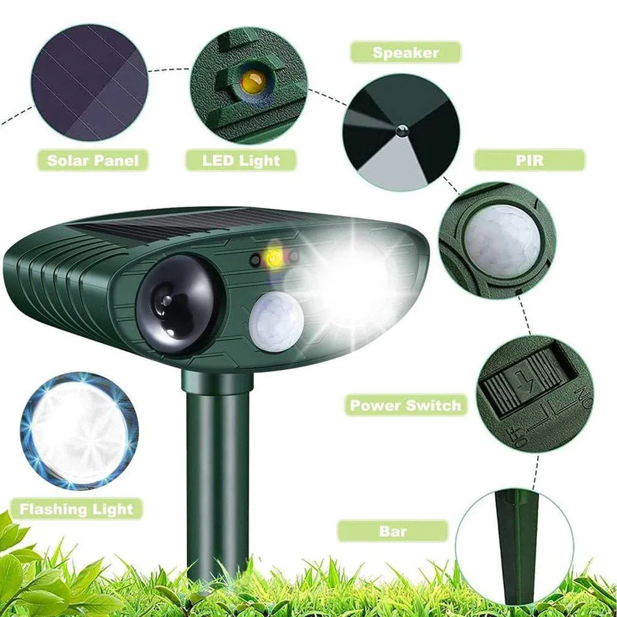 Solar PIR Ultrasonic Garden Animal Repeller with LED & Stake