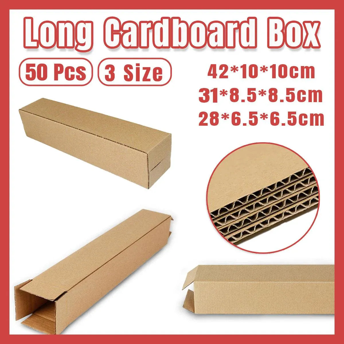 50pcs Long Strip Carton Flat Square Durable Shipping Boxes for Packaging Storage - 6.5cm x 6.5cm x 28cm — product photo 2
