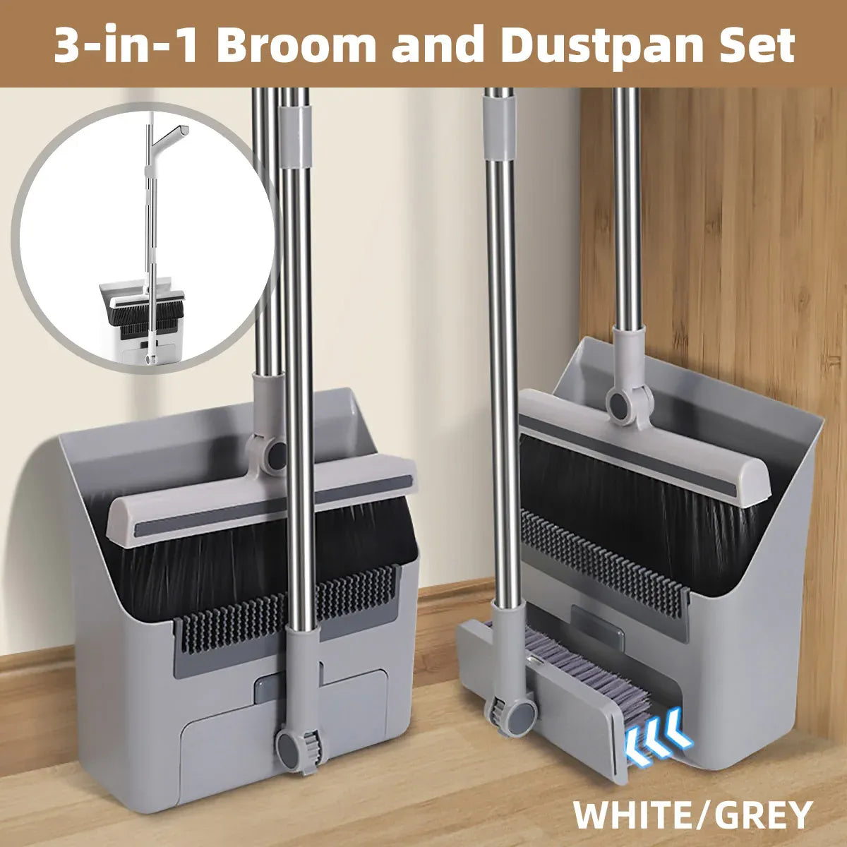 3 in1 Broom Set for Winnowing Brushing Handheld Cleaning Tool Home Kitchen Floor - White — product photo 2