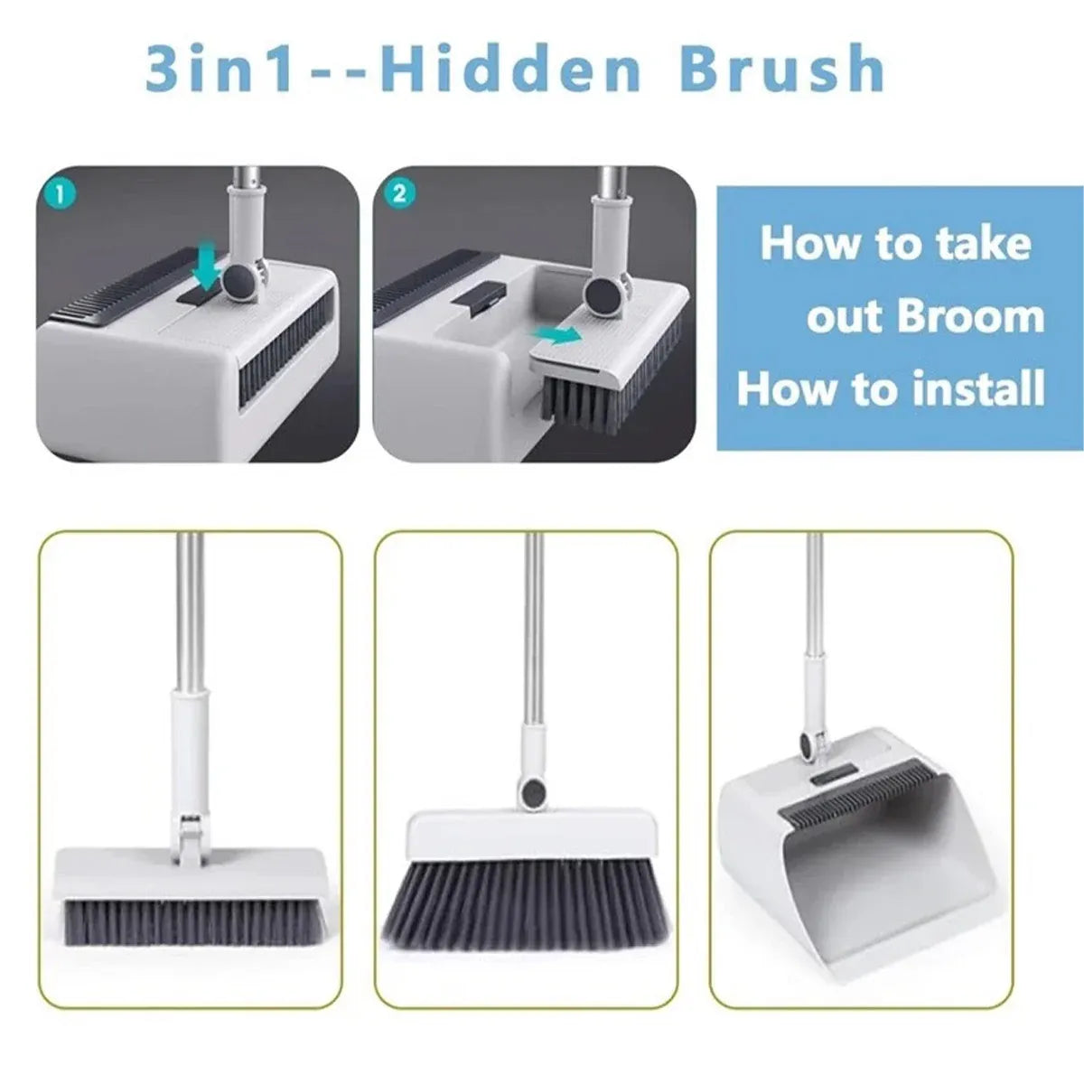 3 in1 Broom Set for Winnowing Brushing Handheld Cleaning Tool Home Kitchen Floor - White — product photo 6