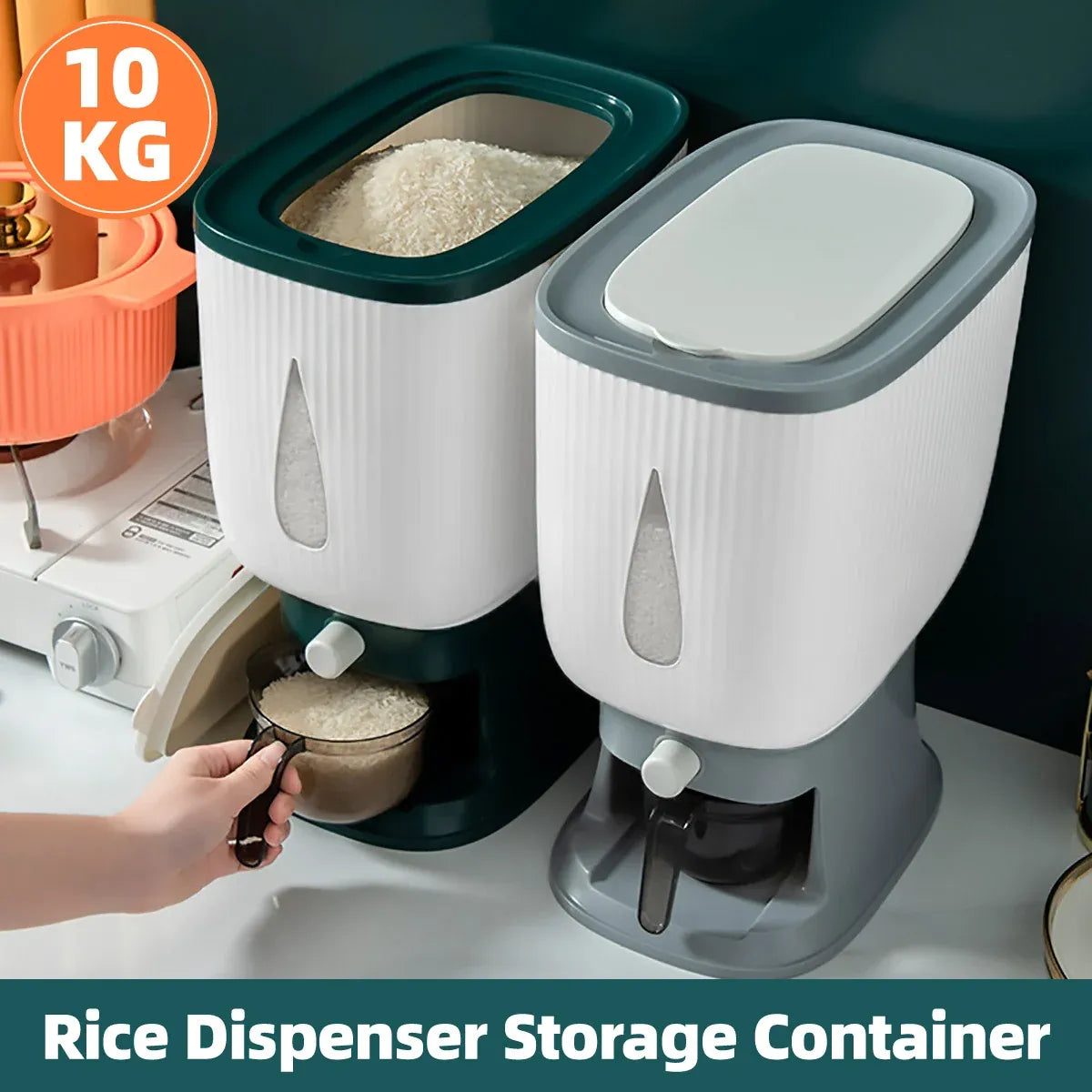 10kg Rice Storage Bucket Household Metering Rice Container Large Capacity - Grey — product photo 2