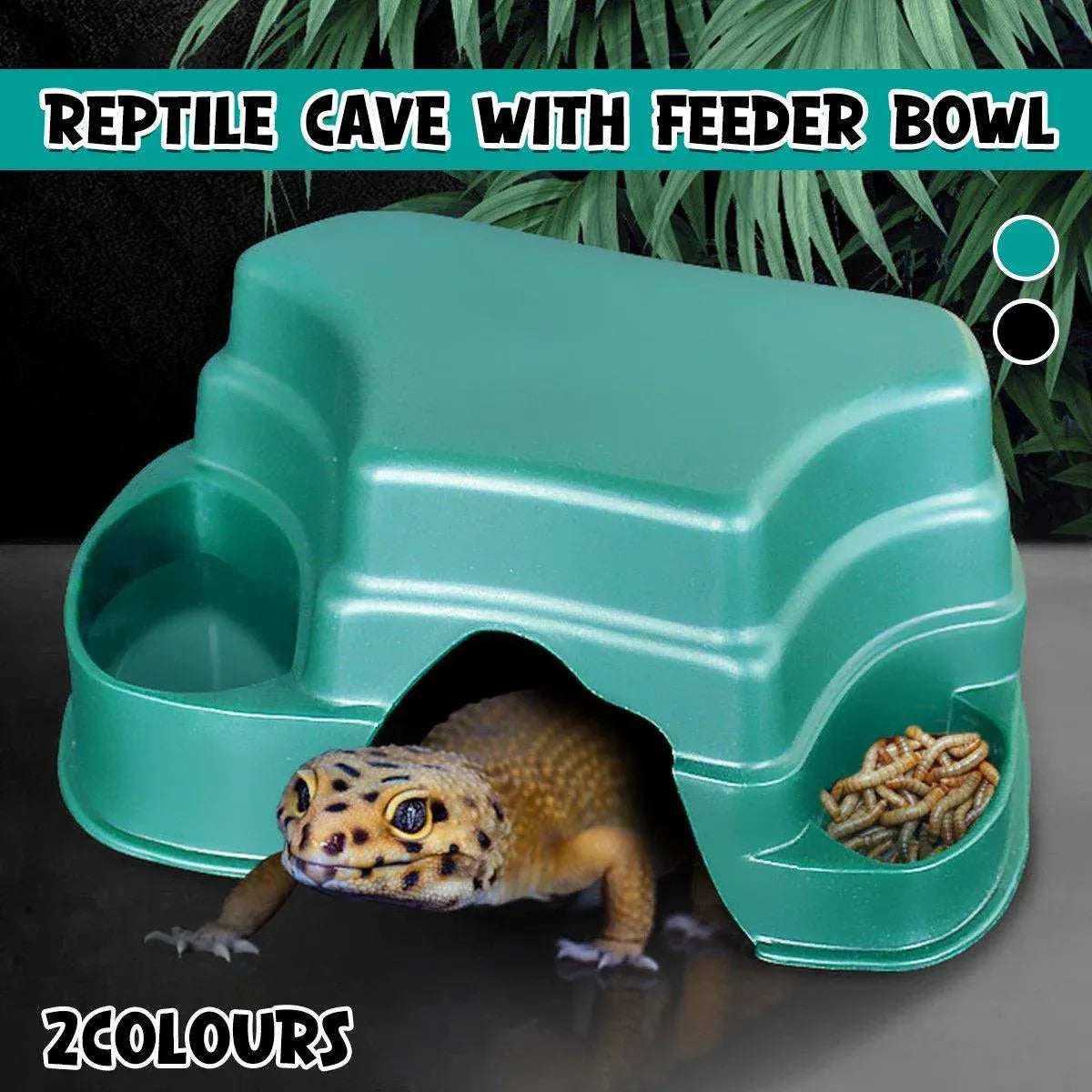 Plastic Reptile Hide Cave with Feeding Basin - Black, 16.6 cm