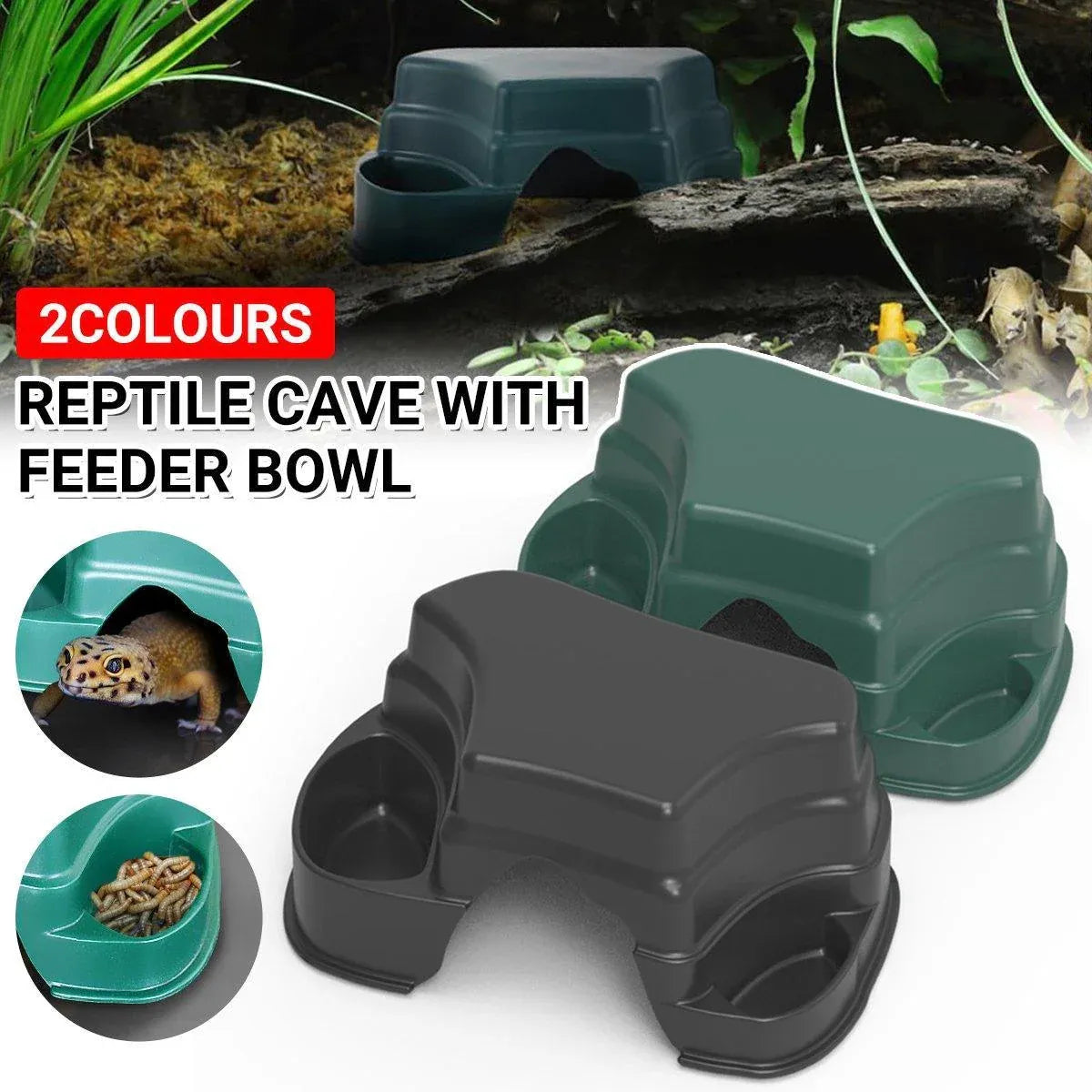 Plastic Reptile Hide Cave with Feeding Basin - Green, 16.6 cm