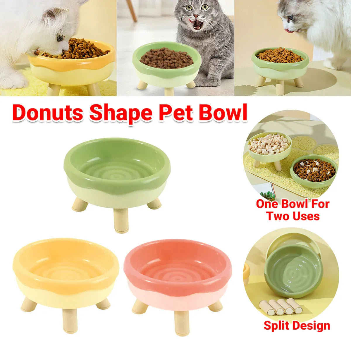 Raised Donut-Style Cat Food & Water Bowl - Green, 14.3 cm