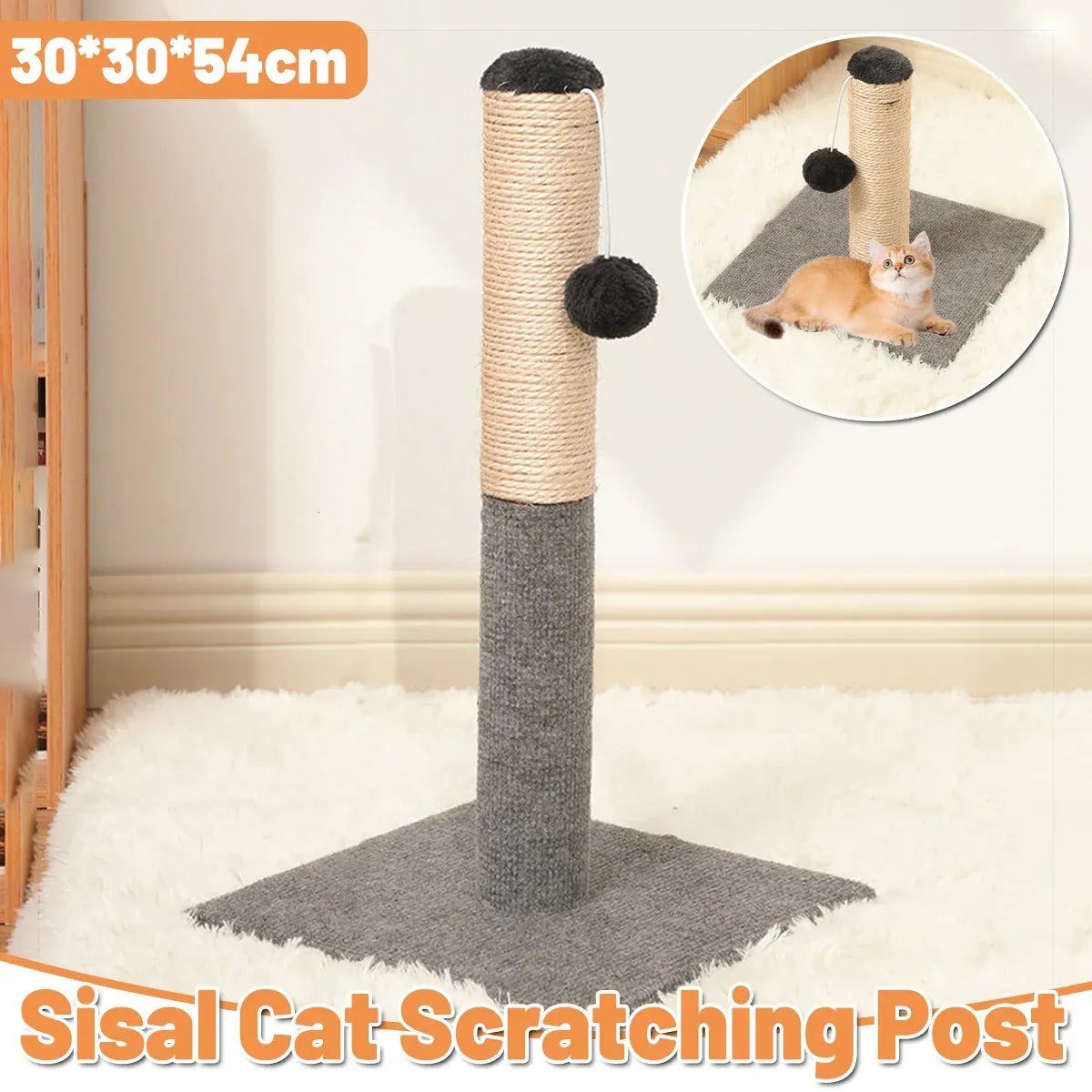 Adjustable Sisal Cat Scratching Post with Toy - Grey, Up to 54 cm