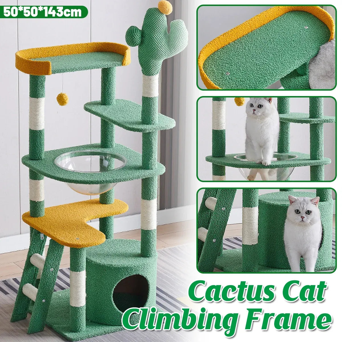 Cactus-Style Cat Climbing Tower with Clear Capsule Perch - 143 cm