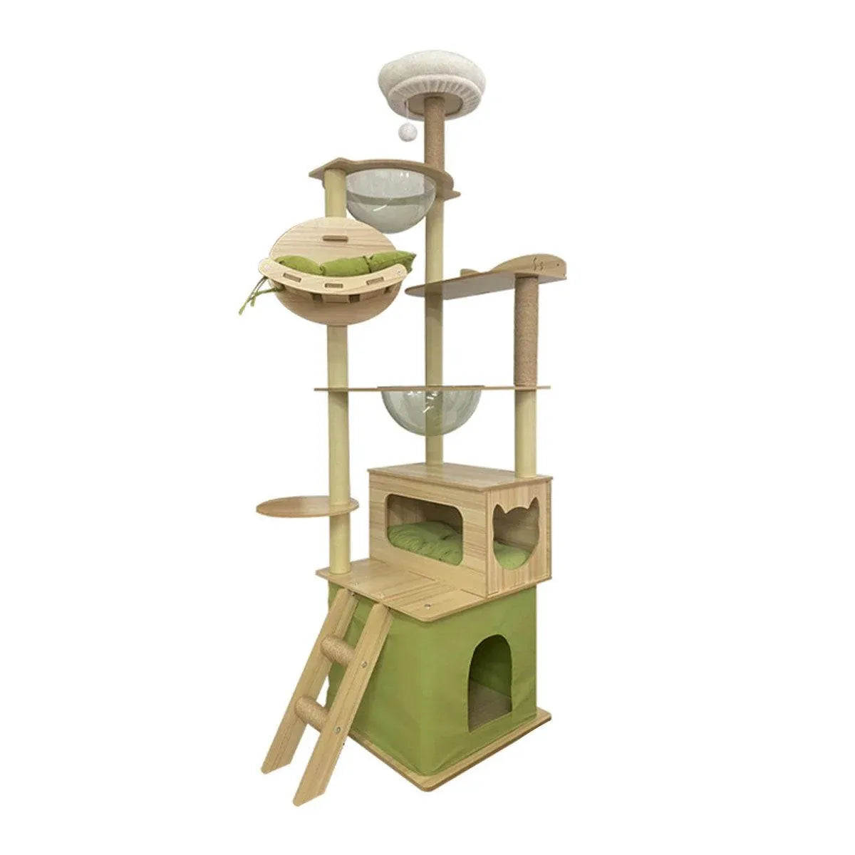 Multi-Level Wooden Cat Climbing Tower with Sisal Scratching Posts – Green