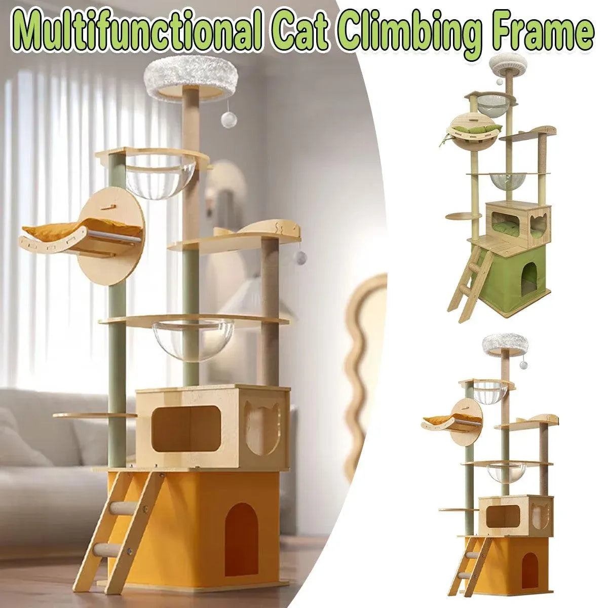 Multi-Level Wooden Cat Climbing Tower with Sisal Scratching Posts – Green