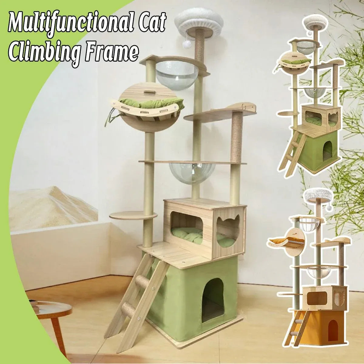 Multi-Level Wooden Cat Climbing Tower with Scratching Posts - Yellow