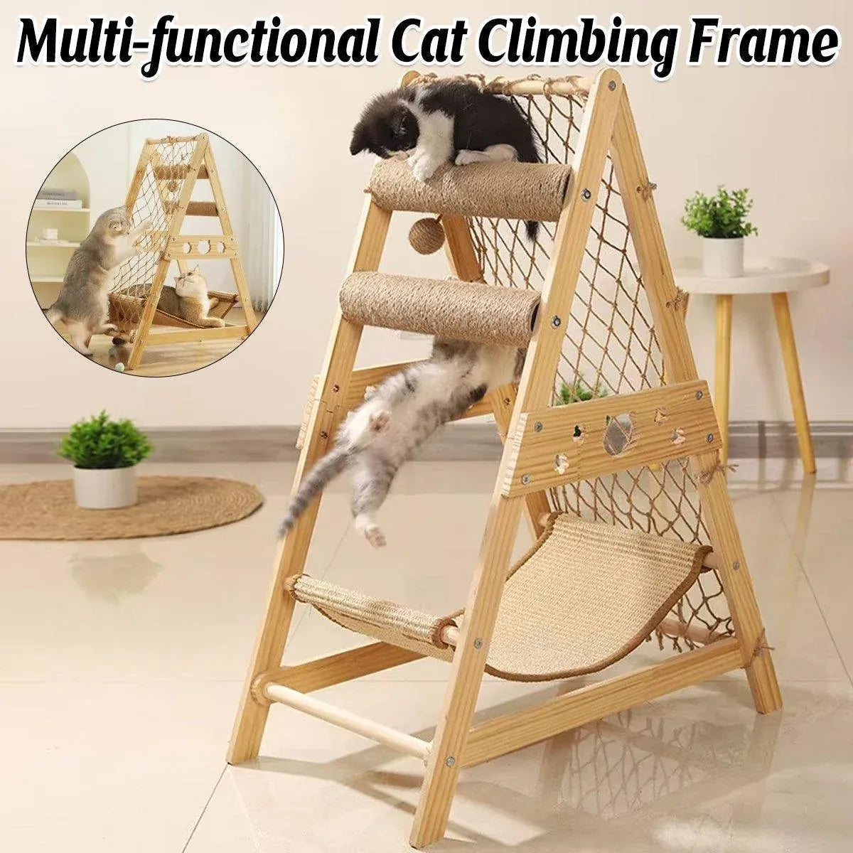 Wooden Cat Climbing Frame with Net & Hammock - product photo 1 of 15