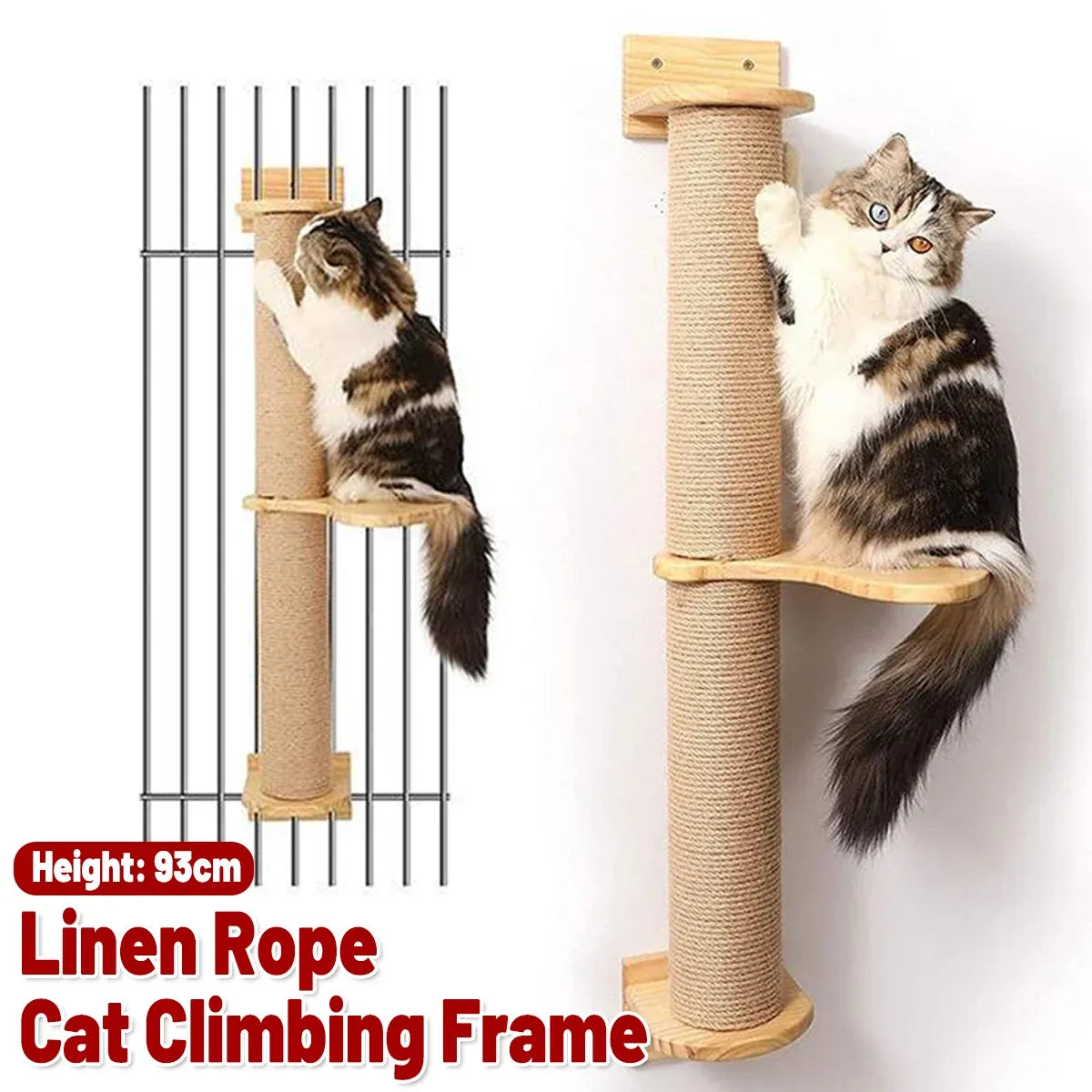 Wall-Mounted Cat Climbing & Sisal Scratching Post - 93 cm