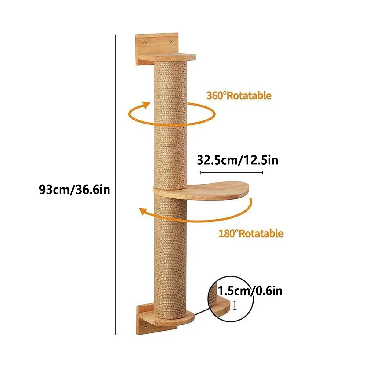 Wall-Mounted Cat Climbing & Sisal Scratching Post - 93 cm