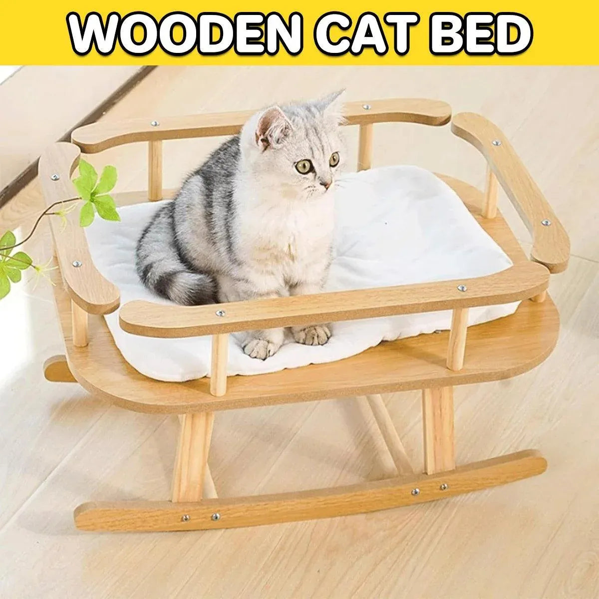 Wooden Rocking Cat Bed with White Cushion - 50 × 38 × 30 cm