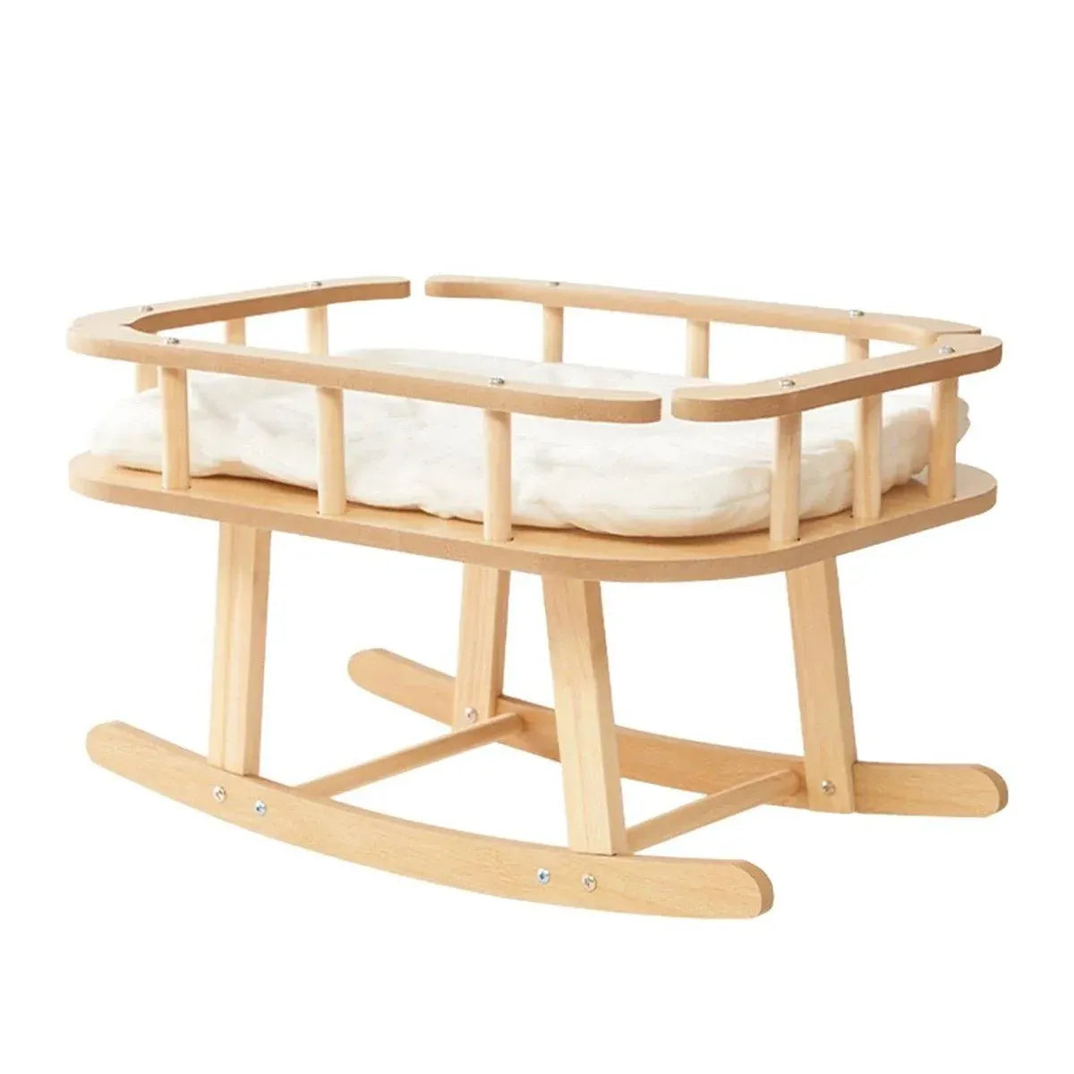 Wooden Rocking Cat Bed with White Cushion - 50 × 38 × 30 cm