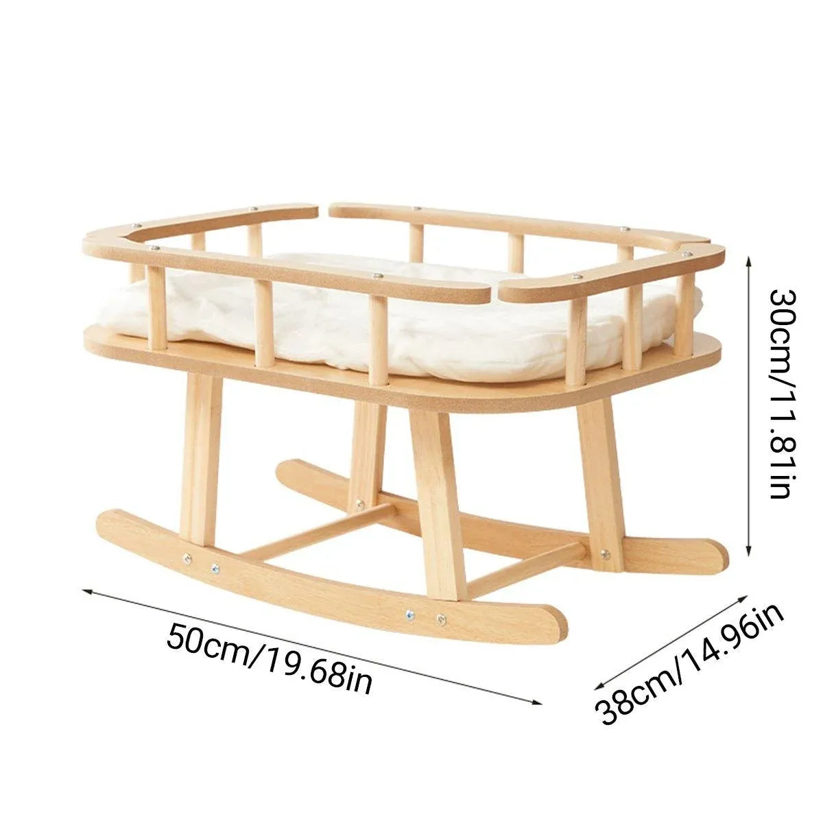 Wooden Rocking Cat Bed with White Cushion - 50 × 38 × 30 cm