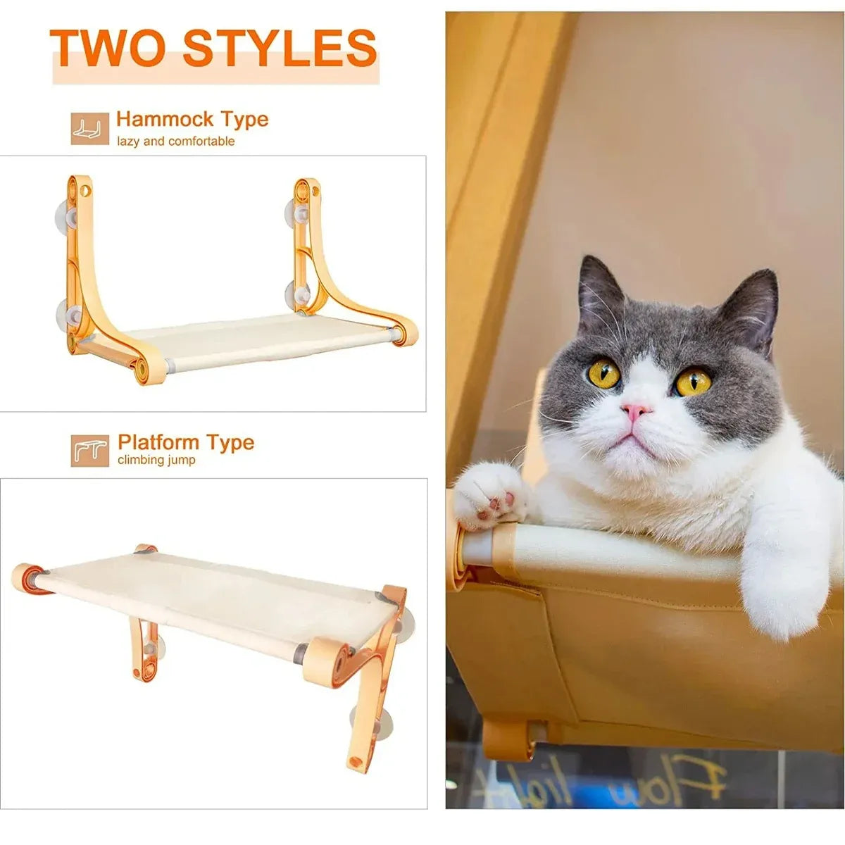 Suction-Cup Cat Window Hammock & Perch - Yellow, 55 cm