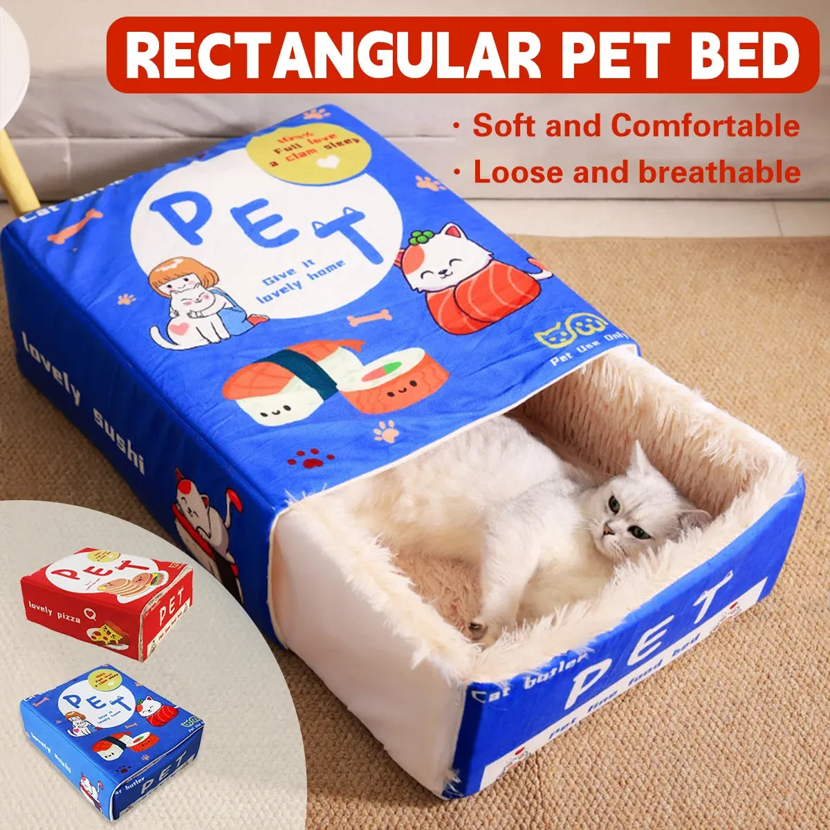 Blue Rectangular Cat & Small Dog Cave Bed, Medium, 47 × 37 × 17 cm