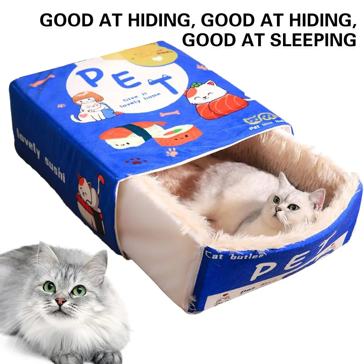 Blue Rectangular Cat & Small Dog Cave Bed, Medium, 47 × 37 × 17 cm