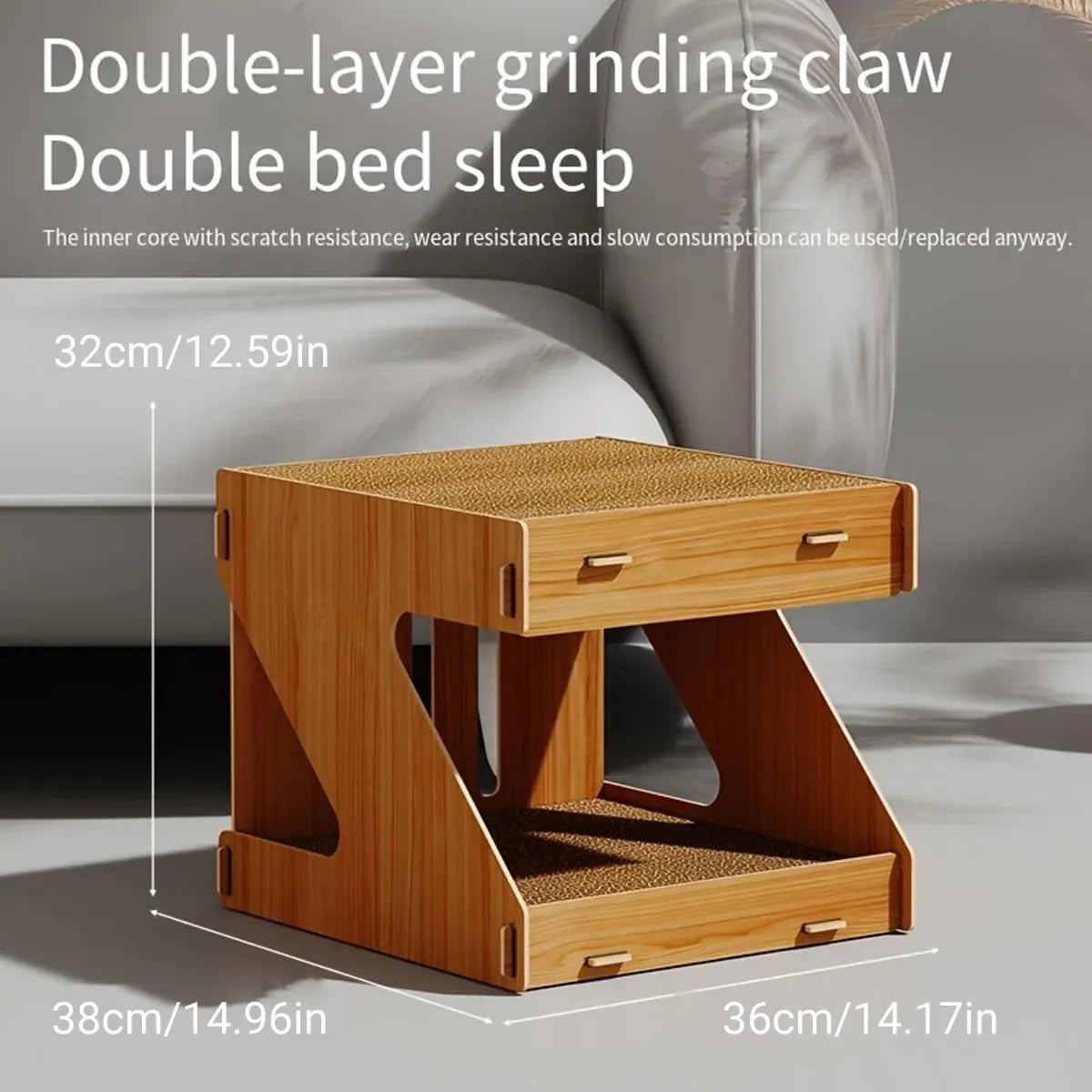 Wooden Double-Layer Cat House with Scratching Board - product photo 3 of 12