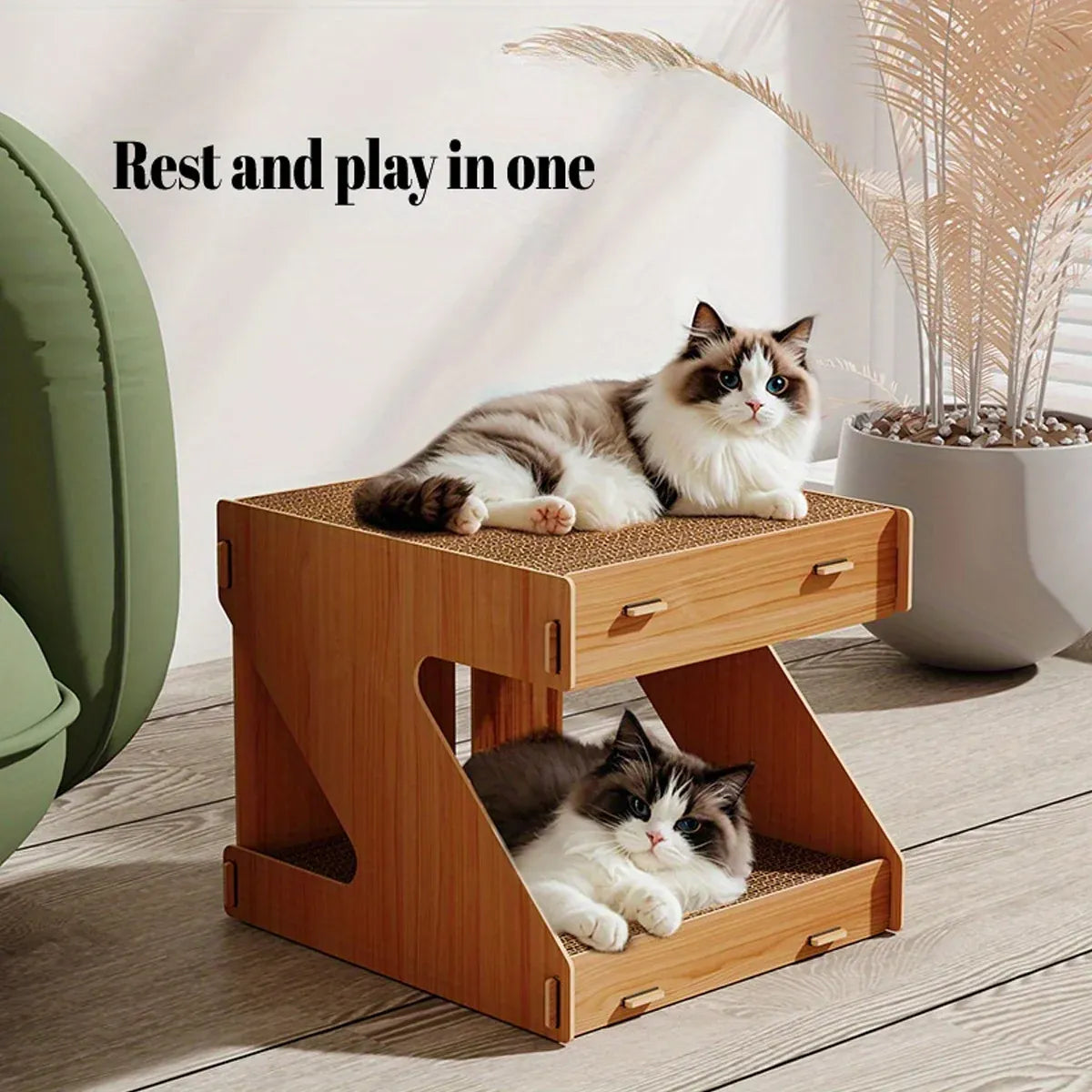 Wooden Double-Layer Cat House with Scratching Board - product photo 11 of 12