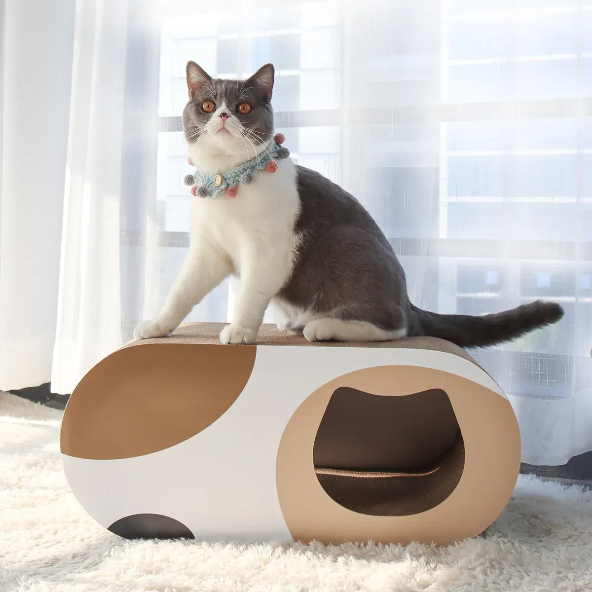 Round Cardboard Cat Tunnel Bed & Scratcher - Multicolour, 58 cm