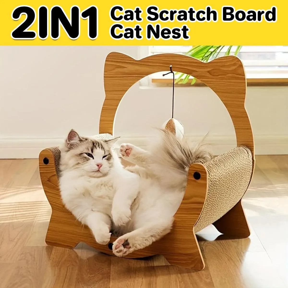 Wooden Cat Cradle & Cardboard Scratcher with Toy - 40 × 25 × 40 cm - product photo 1 of 13