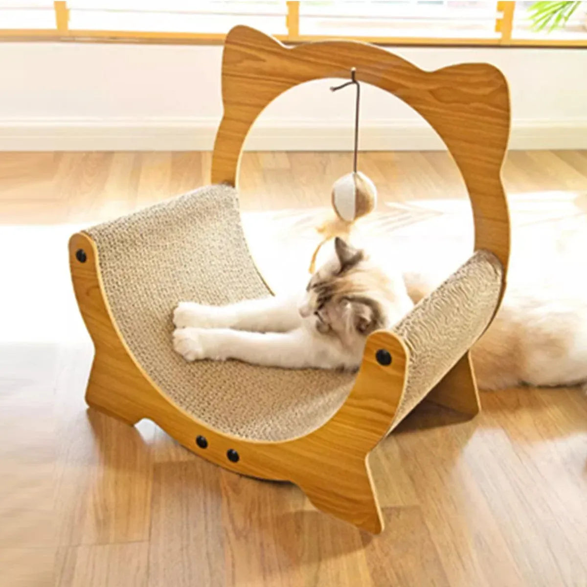 Wooden Cat Cradle & Cardboard Scratcher with Toy - 40 × 25 × 40 cm - product photo 4 of 13