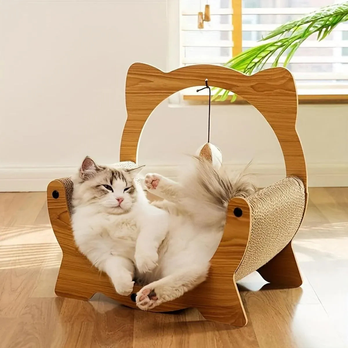 Wooden Cat Cradle & Cardboard Scratcher with Toy - 40 × 25 × 40 cm - product photo 5 of 13