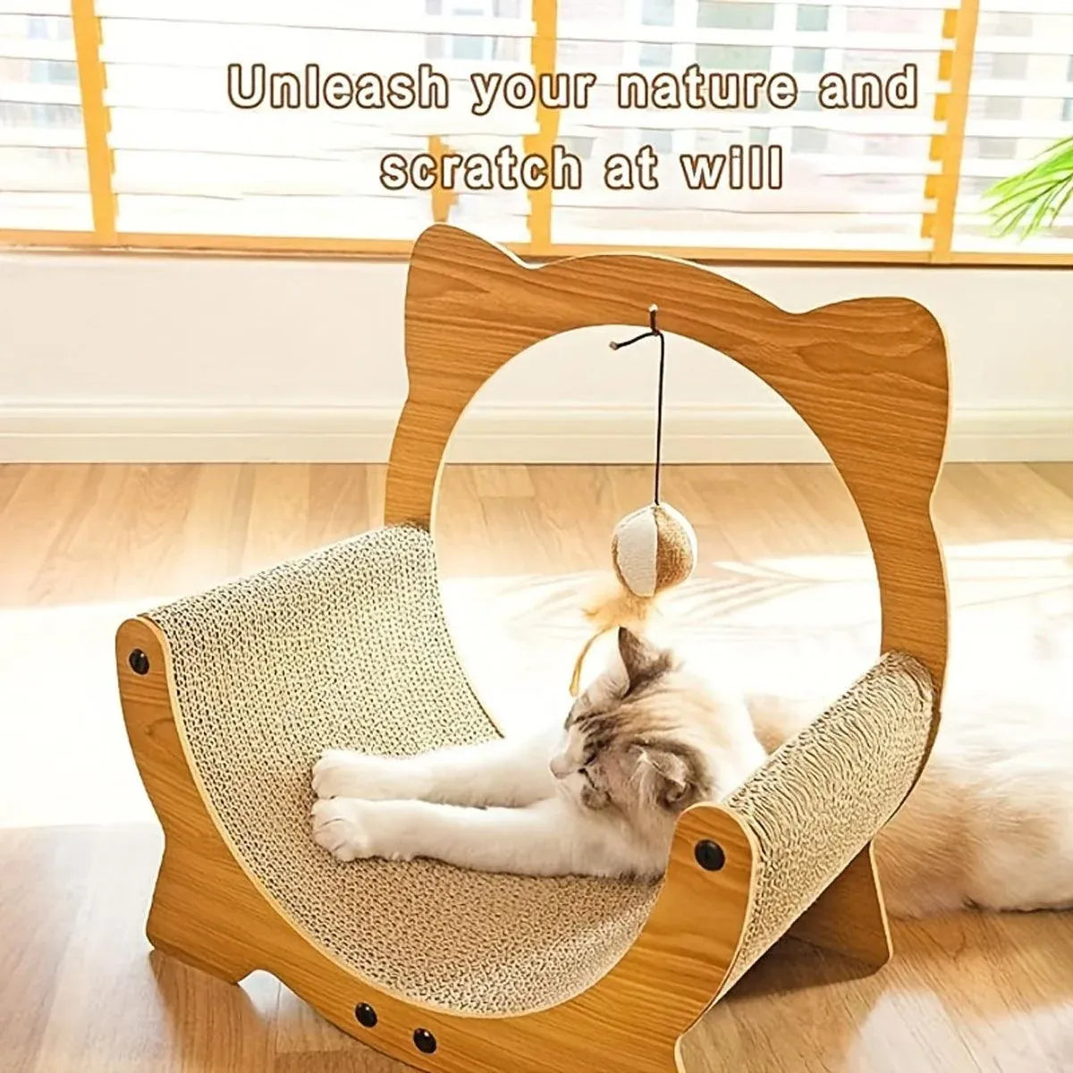 Wooden Cat Cradle & Cardboard Scratcher with Toy - 40 × 25 × 40 cm - product photo 7 of 13