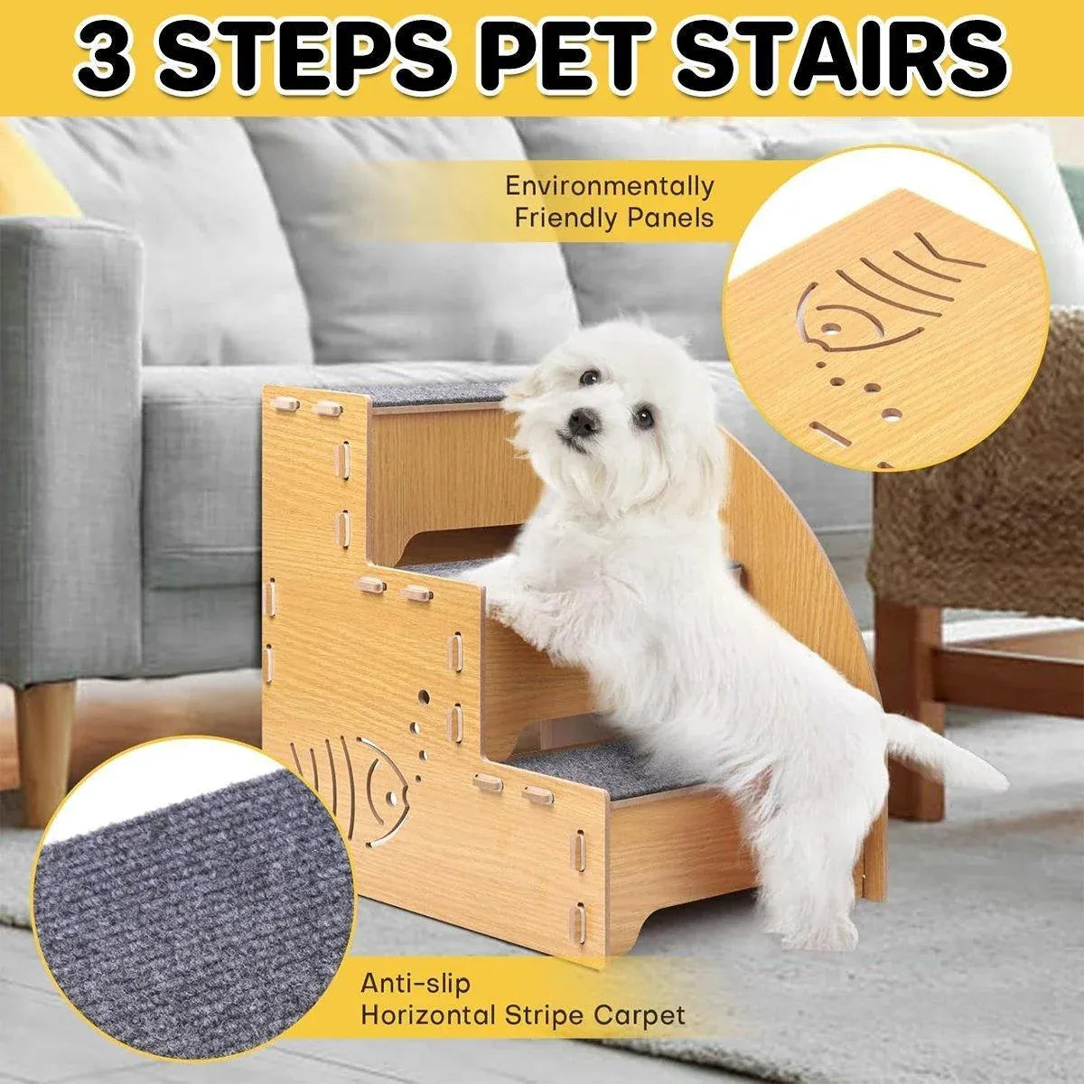 Wooden Pet Climbing Steps with Carpet Treads, Three-Step