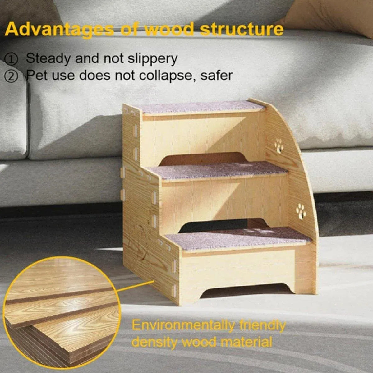 Wooden Pet Climbing Steps with Carpet Treads, Three-Step