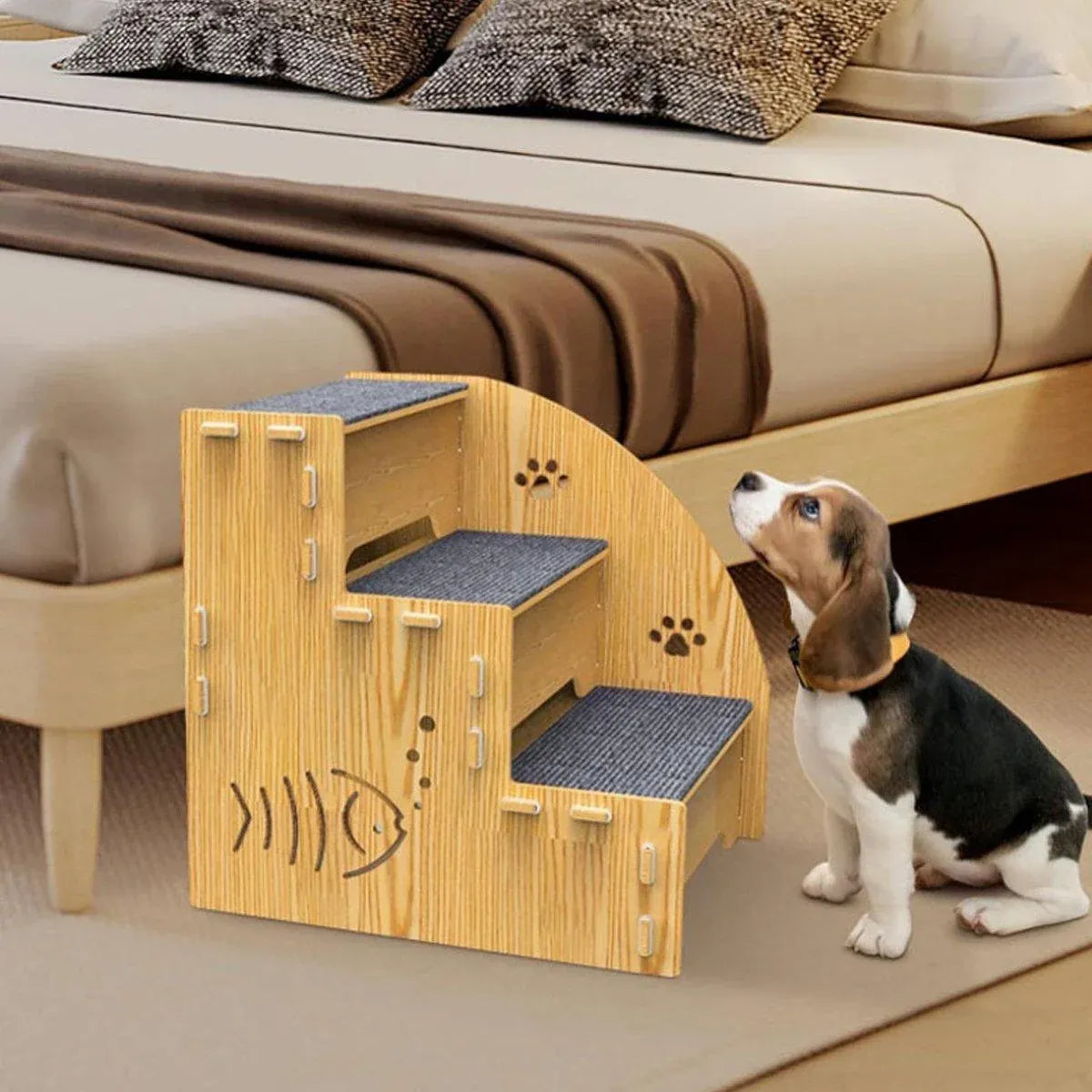 Wooden Pet Climbing Steps with Carpet Treads, Three-Step