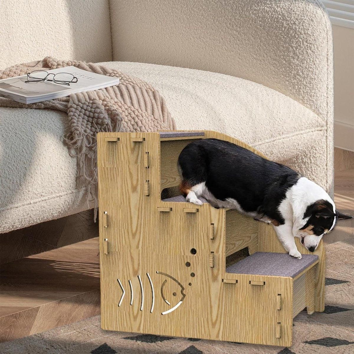 Wooden Pet Climbing Steps with Carpet Treads, Three-Step