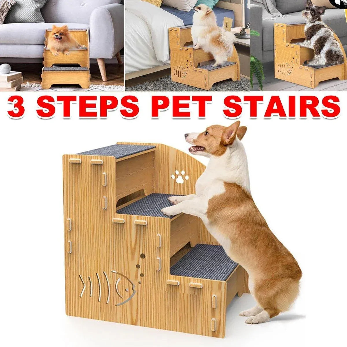 Wooden Pet Climbing Steps with Carpet Treads, Three-Step