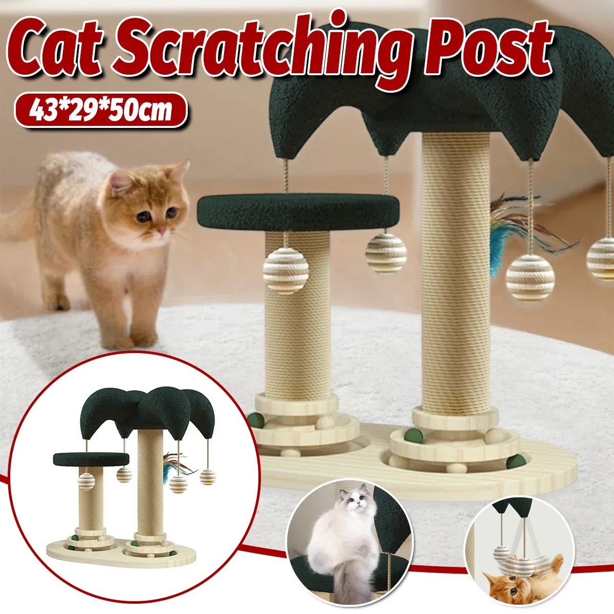 Cat Scratching Post with Ball Turntable & Teaser - 43 × 29 × 50 cm