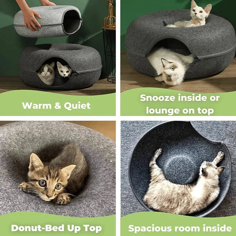 Felt Cat Tunnel Donut Bed & Cave – Dark Grey, Small (50 × 50 × 30 cm)