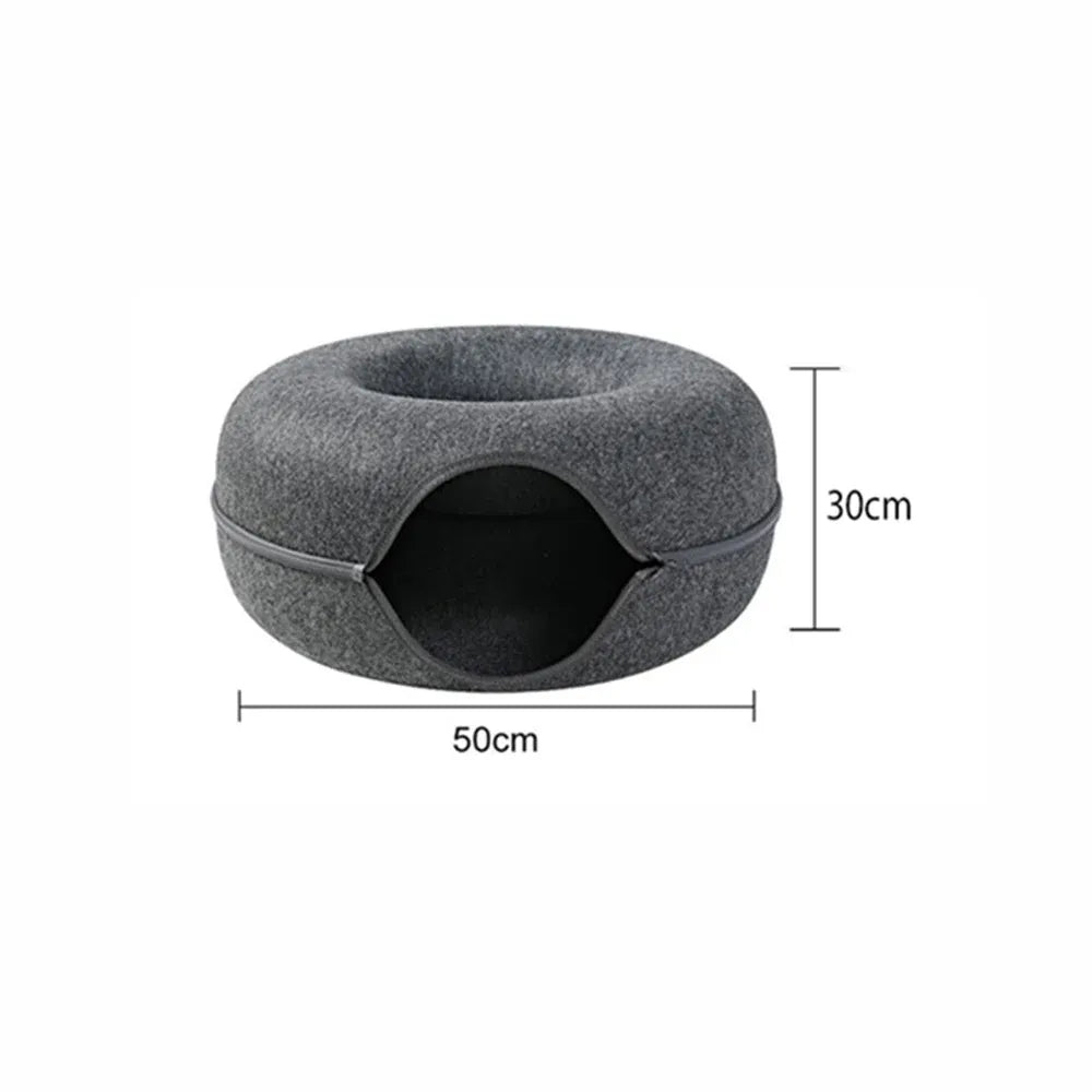 Felt Cat Tunnel Donut Bed & Cave – Light Grey, Small (50 × 50 × 30 cm)