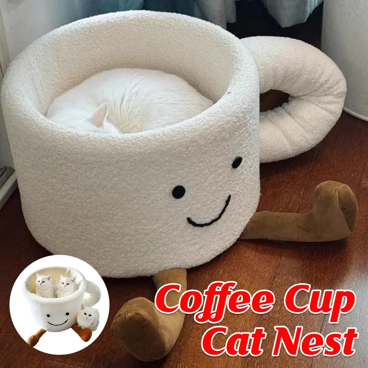 Plush Coffee-Cup Cat Bed with Cartoon Feet - 35 cm