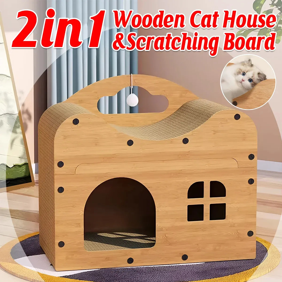 2-in-1 Wooden Cat Scratcher & Bed House - product photo 1 of 13