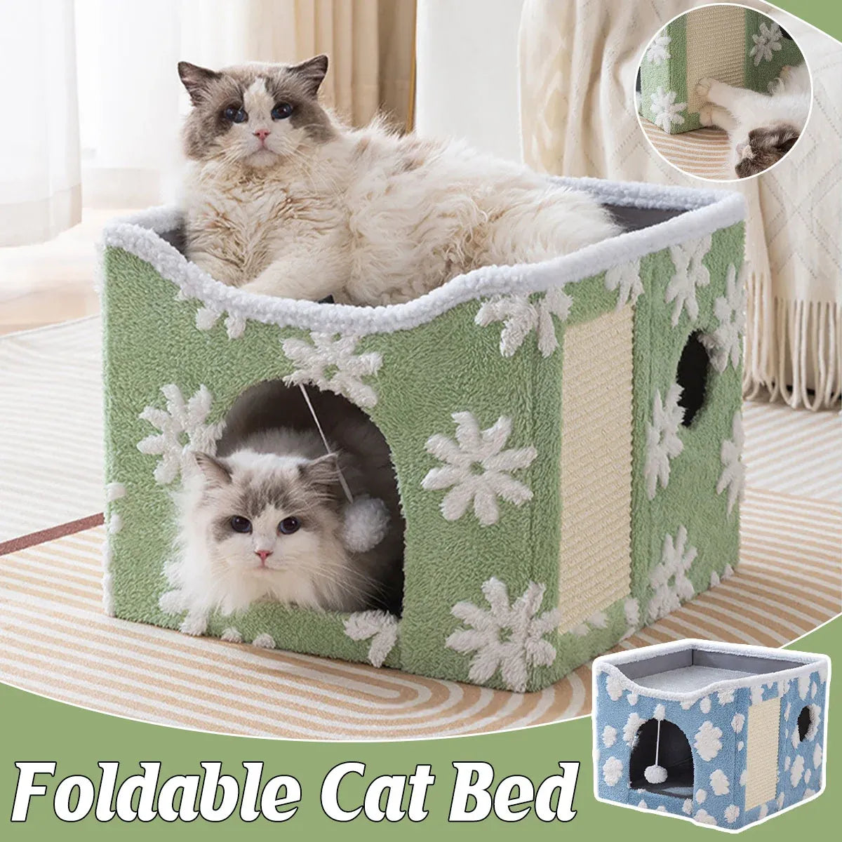 Foldable Two-Level Cat Bed & Scratcher with Hanging Toy - Blue, 41 cm